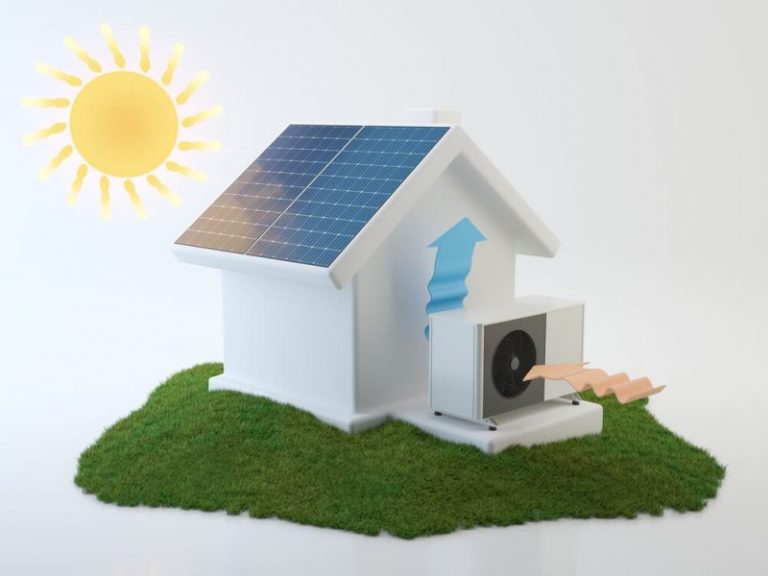 illustration maison avec pompe à chaleur combinée à des panneaux solaires